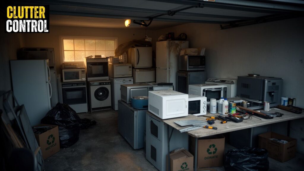 A cluttered garage with outdated appliances stacked haphazardly contrasted with