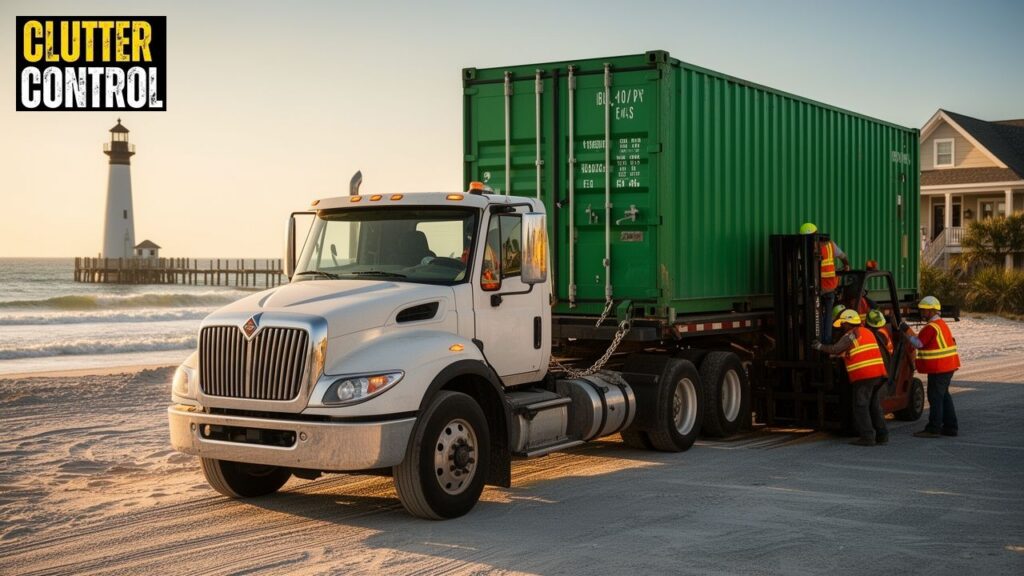 Large flatbed truck unloading a green container on a Biloxi MS beachside lot wit